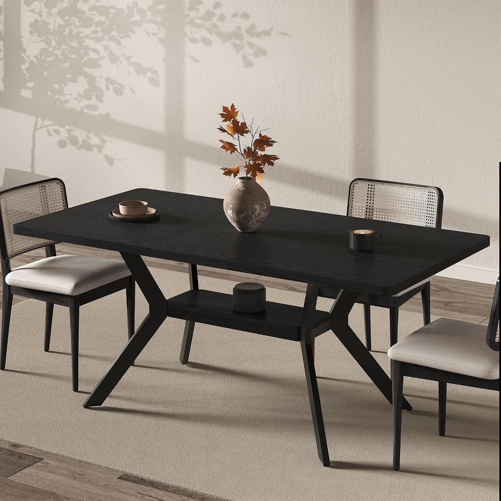 MECHYIN Extendable Dining Table for 4-8, 55-71 in, Storage Shelf, Black | Flip Leaf Stores Under Top, No-Gap Metal Connectors, Chairs Tuck Under Pedestal Base, Wood-Grain MDF Top, Fits Apartments