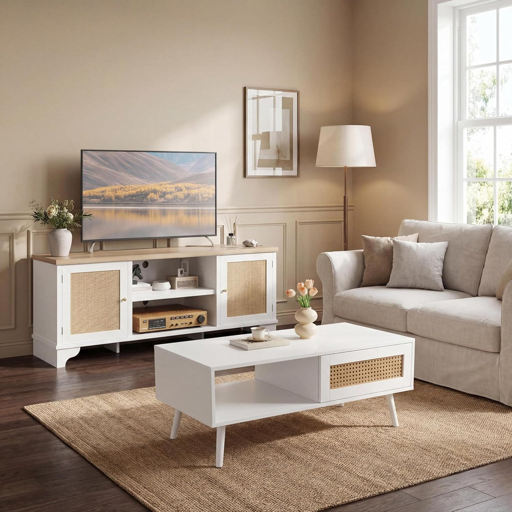 IDEALHOUSE Living Room Table Sets of 2, Includes 62" Rattan TV Stand Storage Cabinet for 65" TV, Farmhouse Coffee Table with Storage Shelf for Bedroom