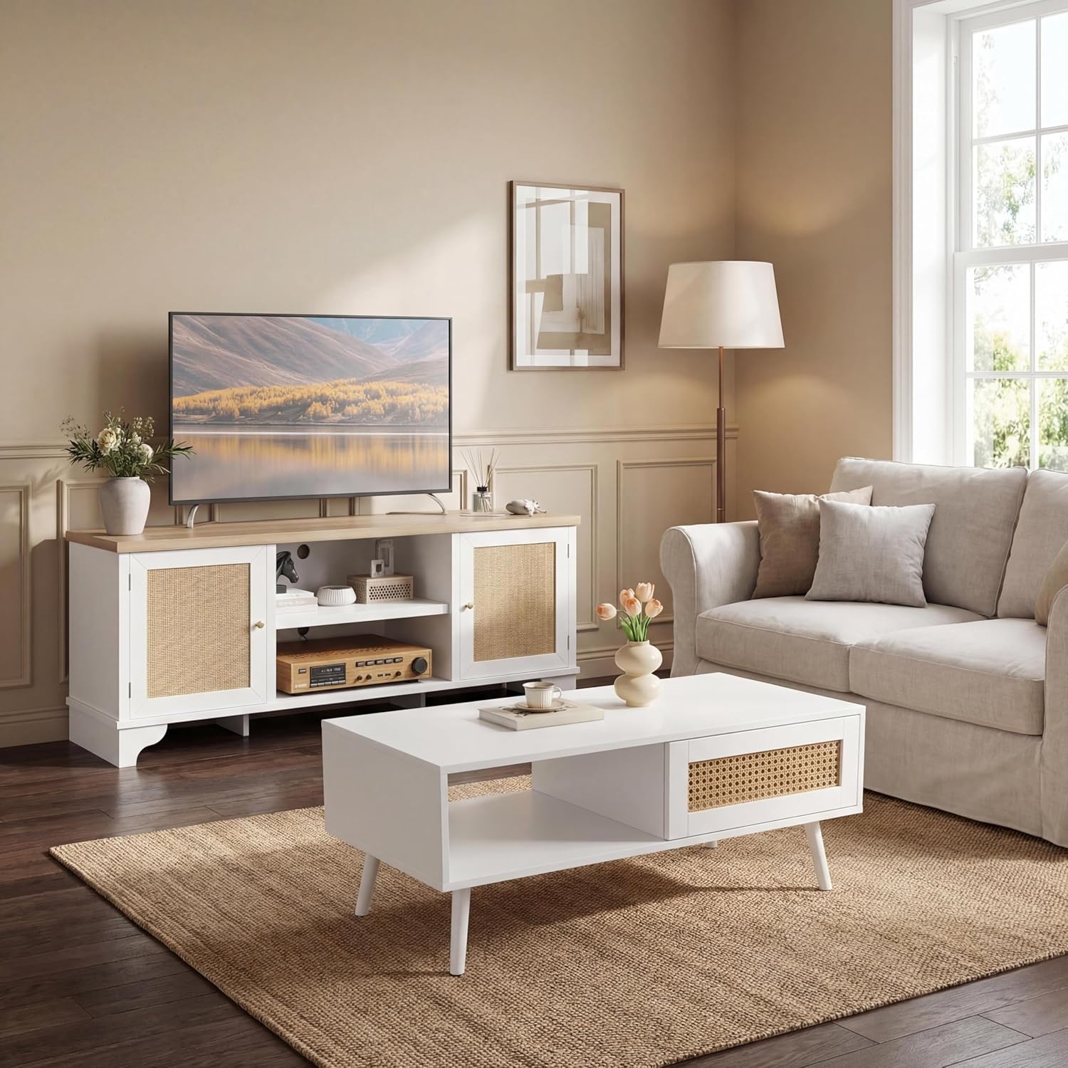 IDEALHOUSE Living Room Table Sets of 2, Includes 62" Rattan TV Stand Storage Cabinet for 65" TV, Farmhouse Coffee Table with Storage Shelf for Bedroom