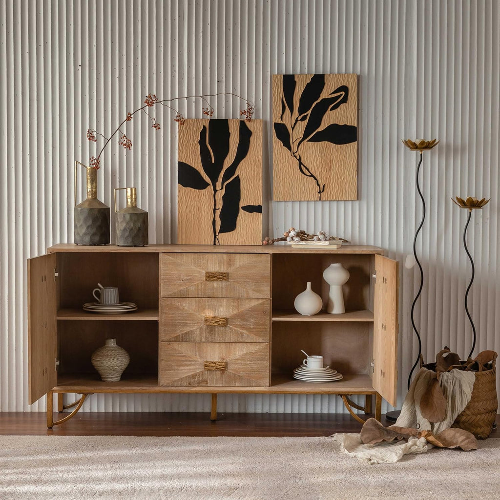 59.44" Light Wood Sideboard, Geometric Relief Buffet with 3 Drawers & 2 Doors, Gold Metal Legs for Living Room Dining Room Storage