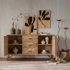 59.44" Light Wood Sideboard, Geometric Relief Buffet with 3 Drawers & 2 Doors, Gold Metal Legs for Living Room Dining Room Storage