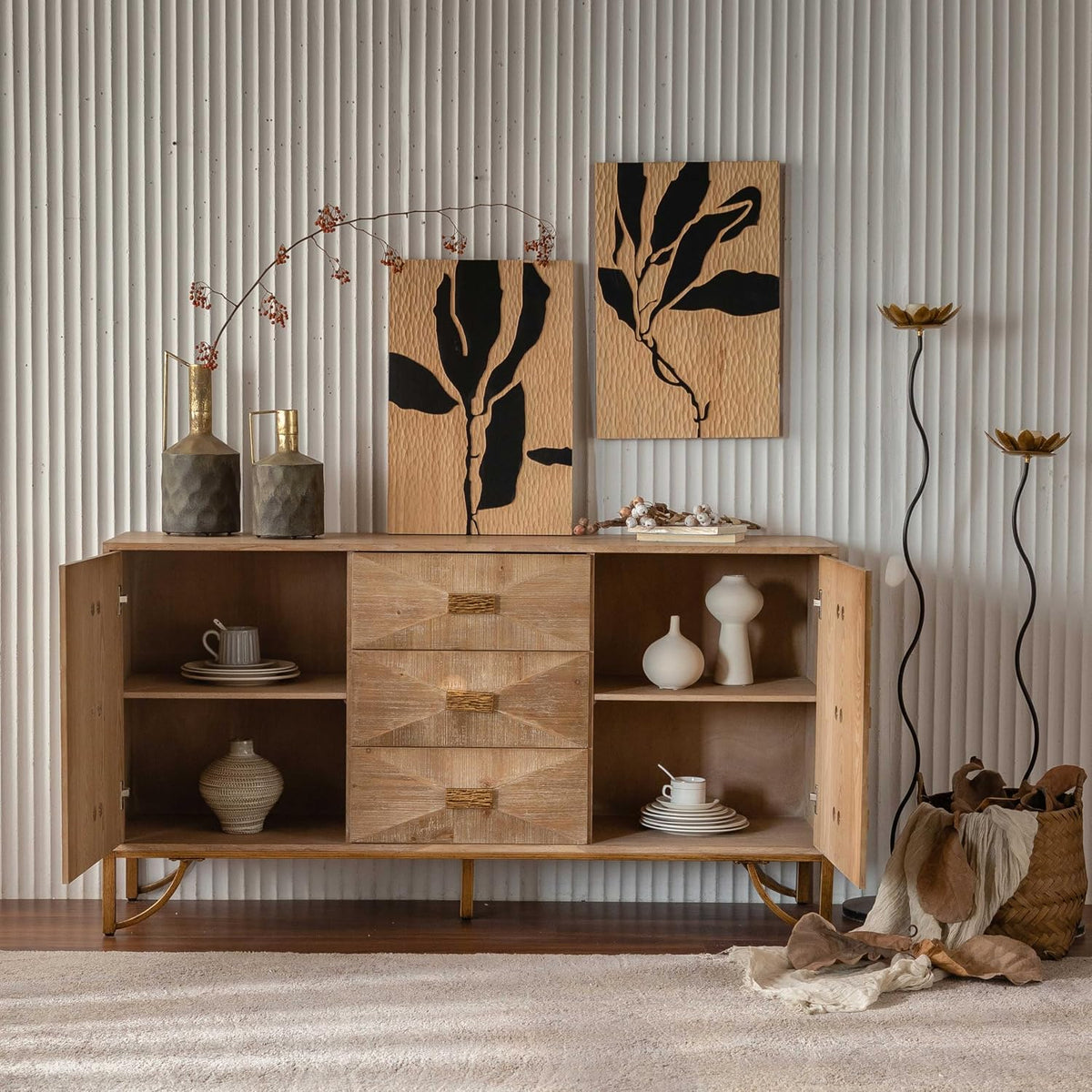 59.44" Light Wood Sideboard, Geometric Relief Buffet with 3 Drawers & 2 Doors, Gold Metal Legs for Living Room Dining Room Storage