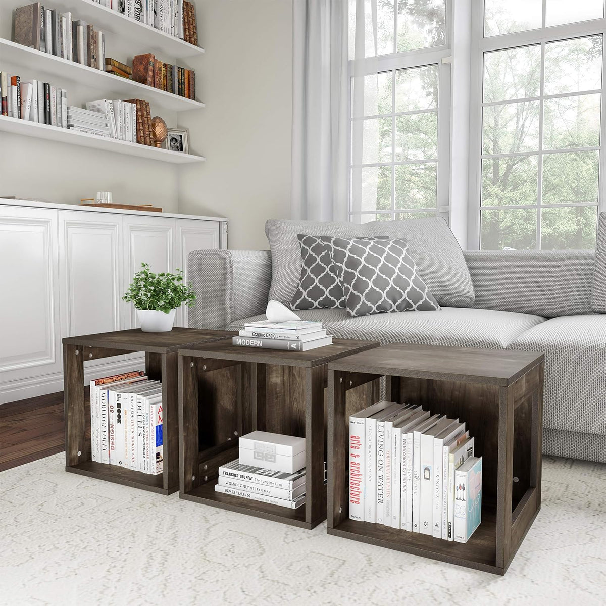 Lavish Home Side Table with Storage - Set of 2 Minimalist Modern Nightstand or End Table with Open Sides - Stackable Modular Accent Table for Bedroom, Living Room, or Office (Gray Woodgrain)