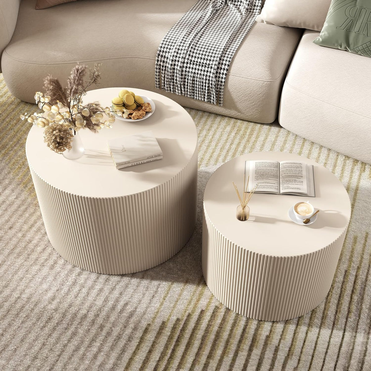 Round Coffee Table Set of 2, Modern Wooden Beige Nesting Coffee Tables for Living Room, No Assembly Required Circle Side Tables Set Accent End Table for Bedroom, Balcony