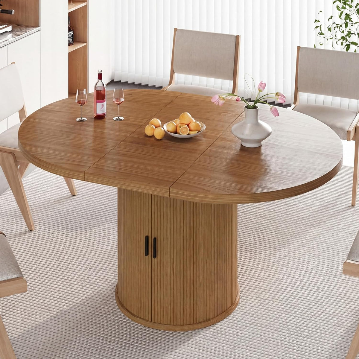 Vipbear Extendable Dining Table 43-59" for 4-6 People, Solid Wood Top with Fluted Slide Door & 8-Compartment Storage, Space Saving Round Dining Room Kitchen Dinner Tables with Pedestal Base (Walnut)