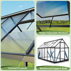6x11 FTQuick Setup Polycarbonate Greenhouse with Roof Vent, Large Aluminum Walk-in Green House for Outdoor Garden Backyard, Black