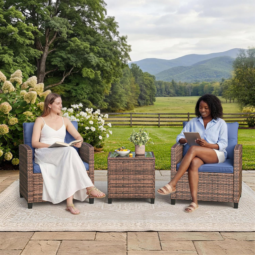 Garvee Outdoor Wicker Chairs,3 Pieces Patio Furniture Set,All Weather High Back Rattan Chairs w/Washable Cushion and Tempered Glass Tabletop for Deck Porch Balcony Backyard Garden,Brown & Blue