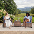 Garvee Outdoor Wicker Chairs,3 Pieces Patio Furniture Set,All Weather High Back Rattan Chairs w/Washable Cushion and Tempered Glass Tabletop for Deck Porch Balcony Backyard Garden,Brown & Blue