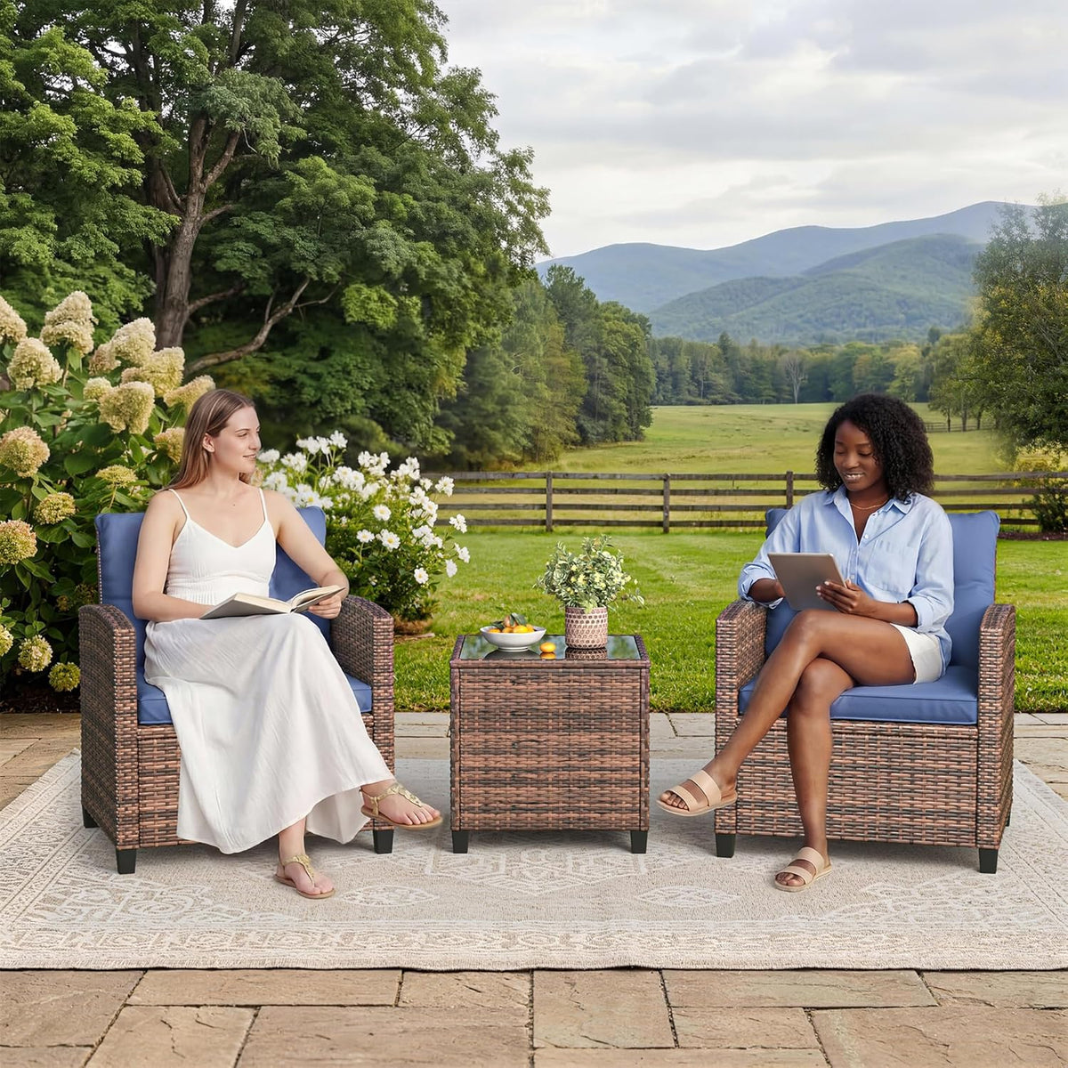 Garvee Outdoor Wicker Chairs,3 Pieces Patio Furniture Set,All Weather High Back Rattan Chairs w/Washable Cushion and Tempered Glass Tabletop for Deck Porch Balcony Backyard Garden,Brown & Blue