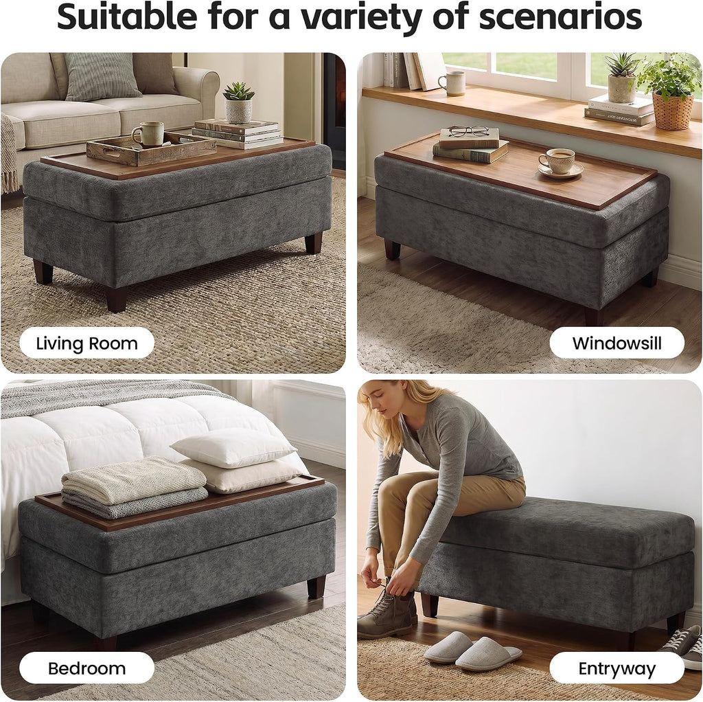 GENTEACO 45" Storage Ottoman Bench with Reversible Wooden Tray Top, Large Chenille Upholstered Ottoman Coffee Table with Hidden Storage, Foot Rest Bench for Living Room, Bedroom, Entryway,Dark Gray