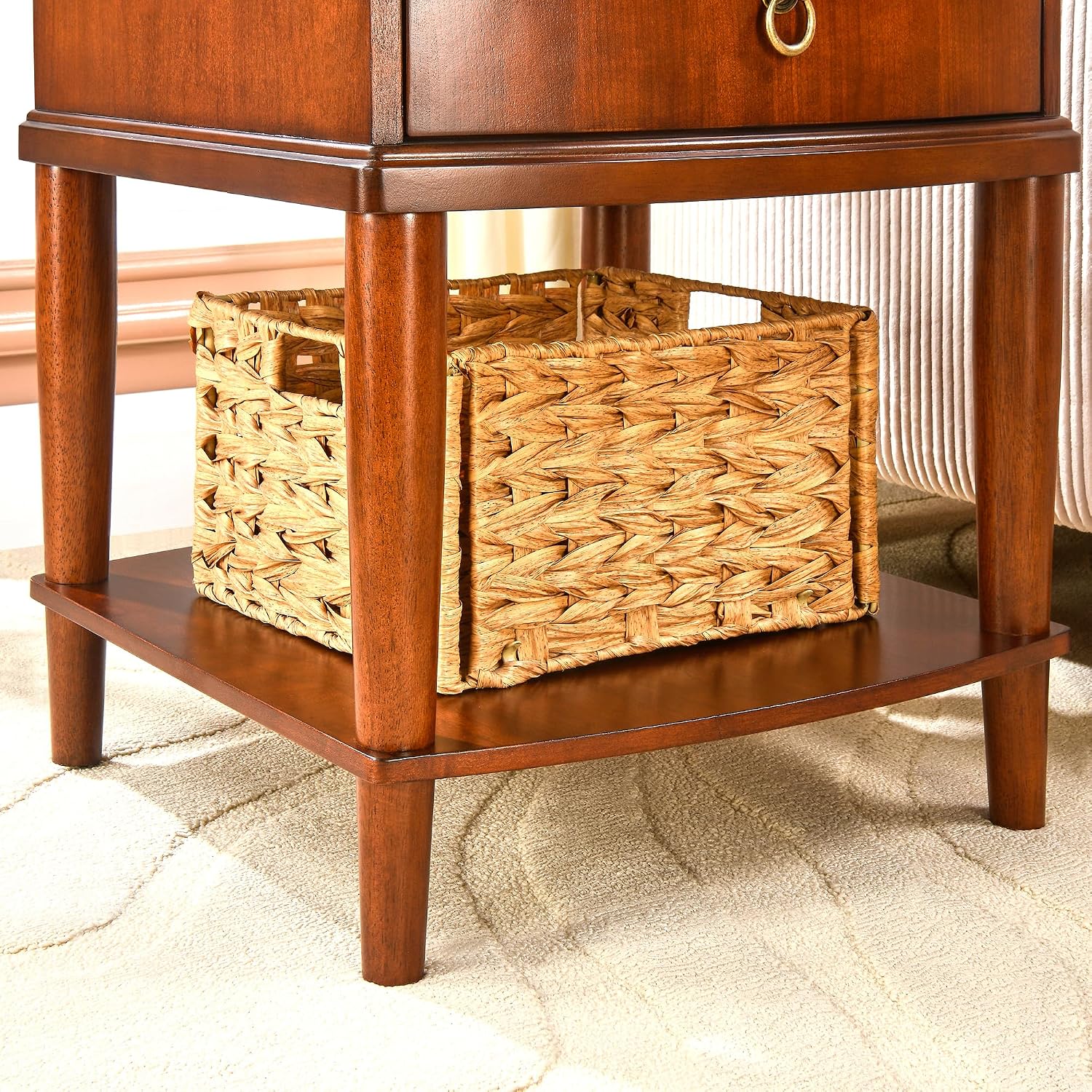 LEEMTORIG Set of 2 Large Cherry Wood Side Table with Pullable Desktop, 2-Tier End Table with Storage Drawer, Rustic Wooden Nightstand for Living Room Bedroom, 18.1"W x 20.1"D x 22.8"H, CJZ-A1569-MG