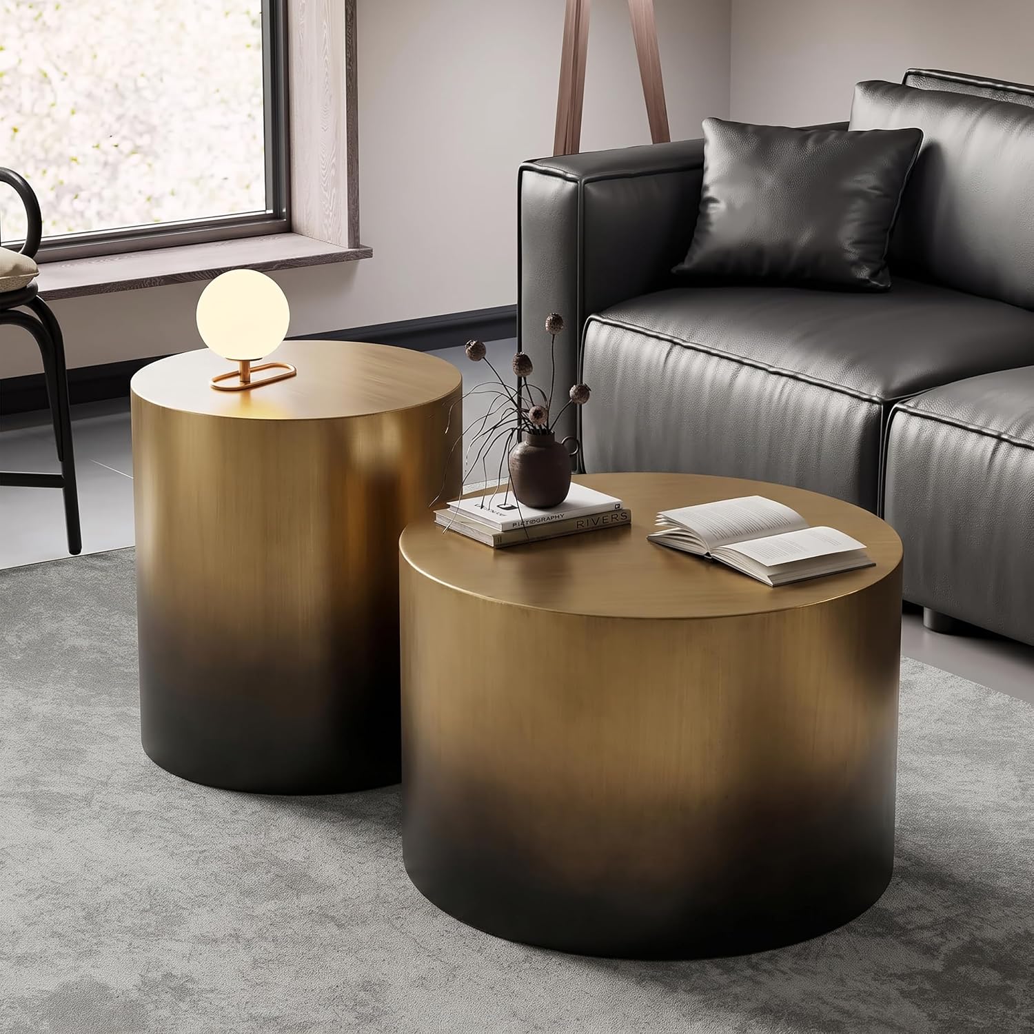 Merax 2-Piece Ombre Gradient Brass Black Iron Drum Table Set | Round Cylindrical Coffee Table & Side Table Combo for Living Room