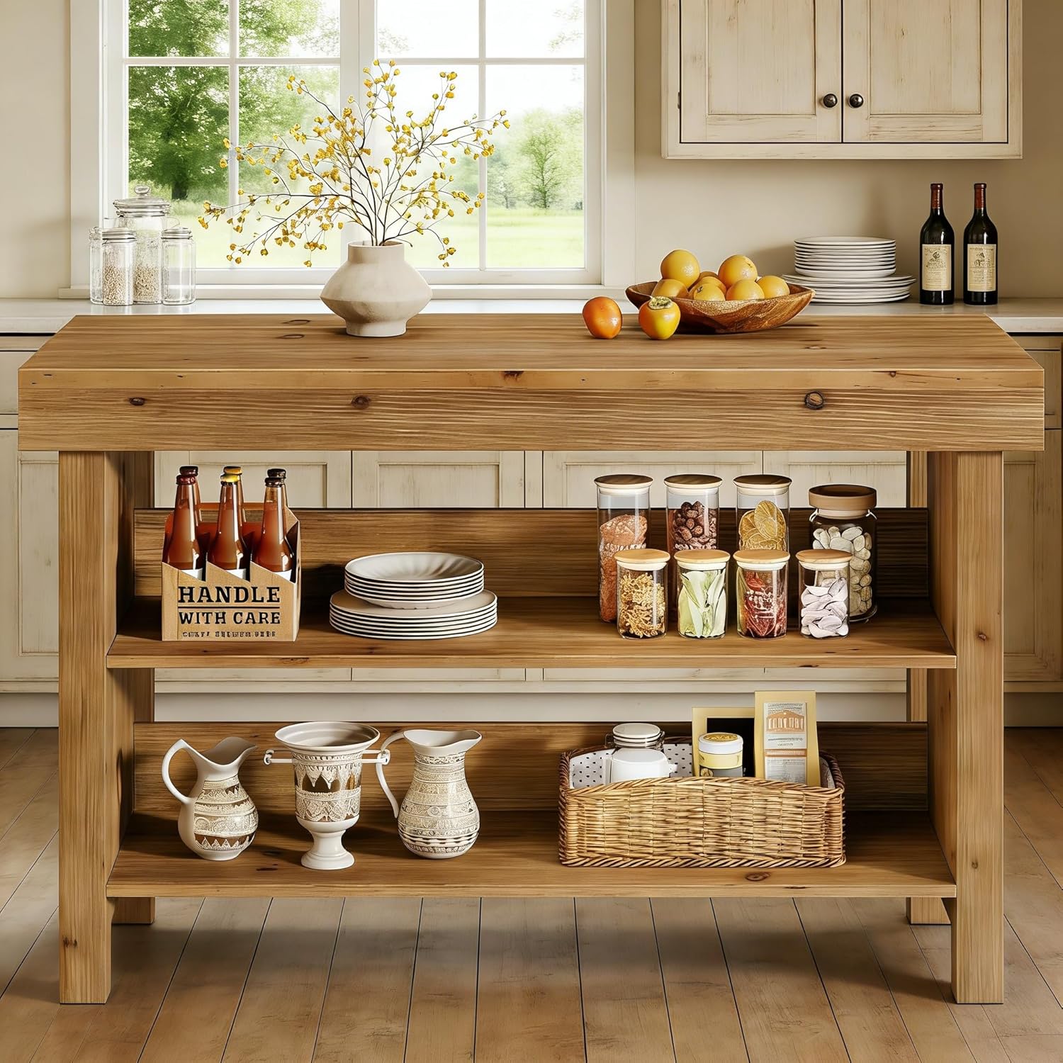 55" Solid Wood Kitchen Island with Storage, Farmhouse Kitchen Island Table with 3-Tier Open Shelves and Large Countertop for Kitchen, Dining & Living Room, Oak