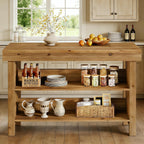 55" Solid Wood Kitchen Island with Storage, Farmhouse Kitchen Island Table with 3-Tier Open Shelves and Large Countertop for Kitchen, Dining & Living Room, Natural Oak