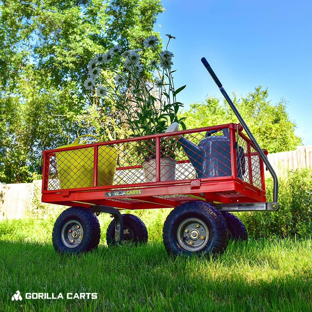 Gorilla Carts 800-Pound Capacity Heavy Duty Steel Mesh Versatile Utility Garden Wagon with Easy Grip Handle for Outdoor Hauling, Red, Model GOR800-COM