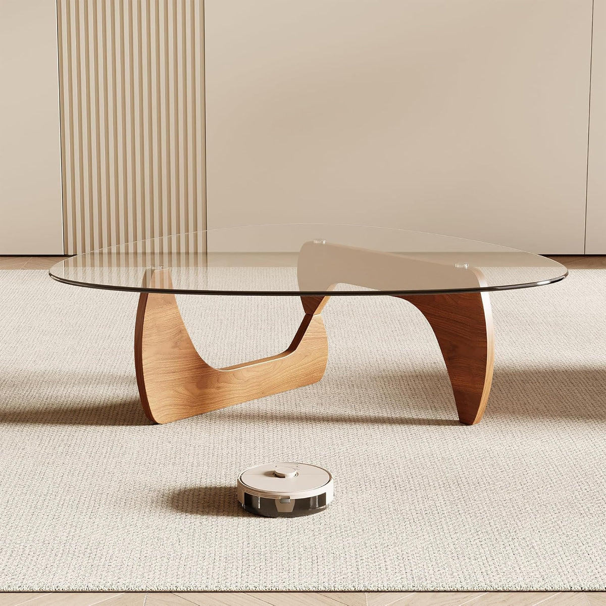 Honyee Morden Coffee Table, 42.5" x 28.5" x 16.1" Triangle Tempered Glass Top for Living Room, Color: Natural Wood