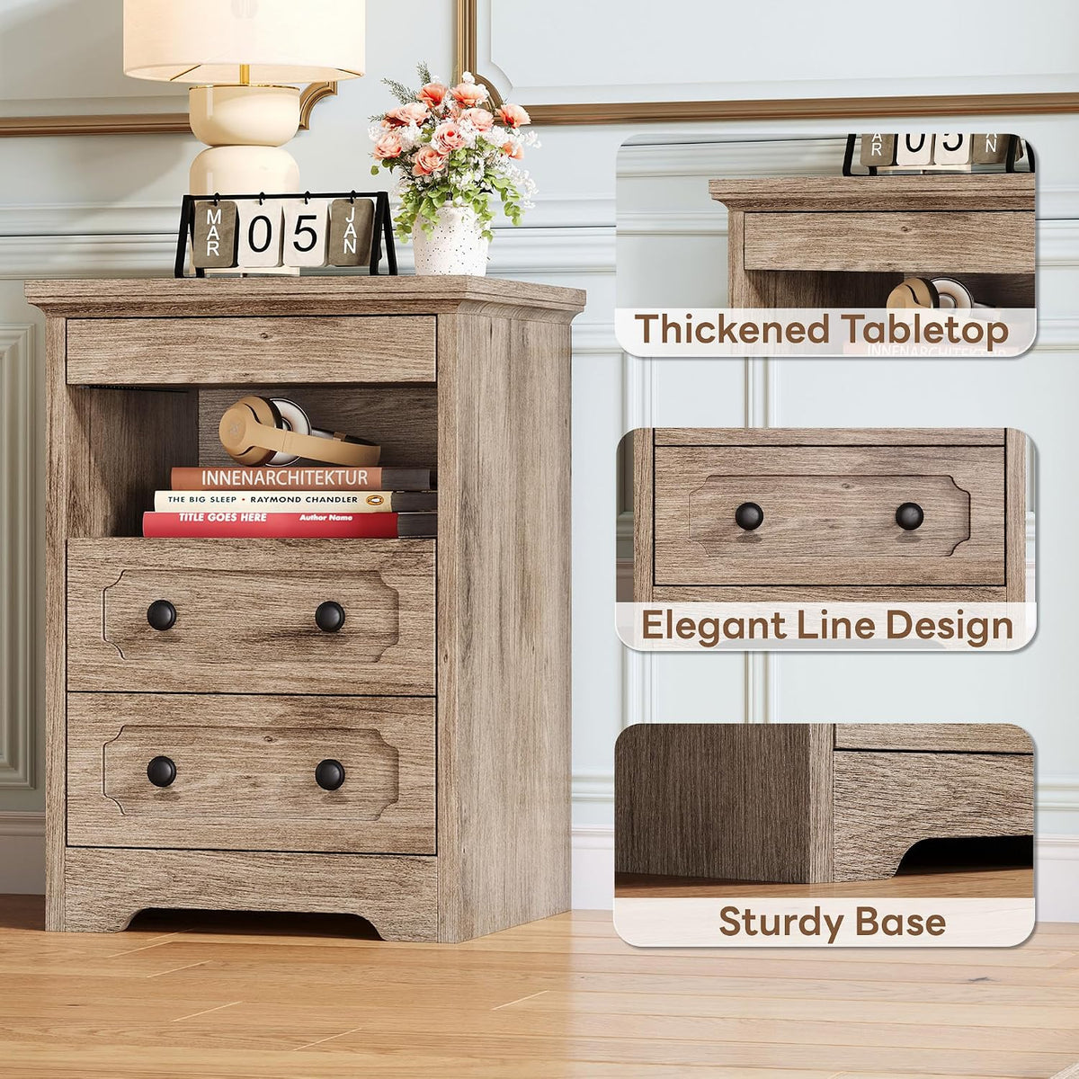 LIKIMIO Nightstand Set of 2, Night Stand with Pull Out Tray, Wooden Bedside Table with 2 Drawers and Open Shelf, Side Table for Bedroom, Grey