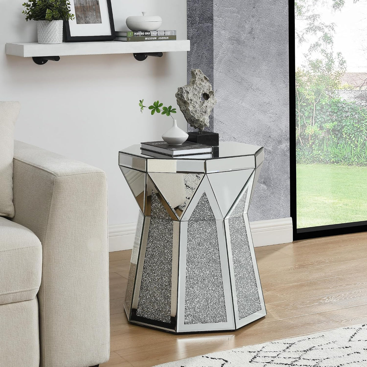 Mirrored End Tables with Polygonal Shaped,Mirrored Sofa Bedside Table Accent Table,Smooth Mirror Finish for Bedroom,Living Room
