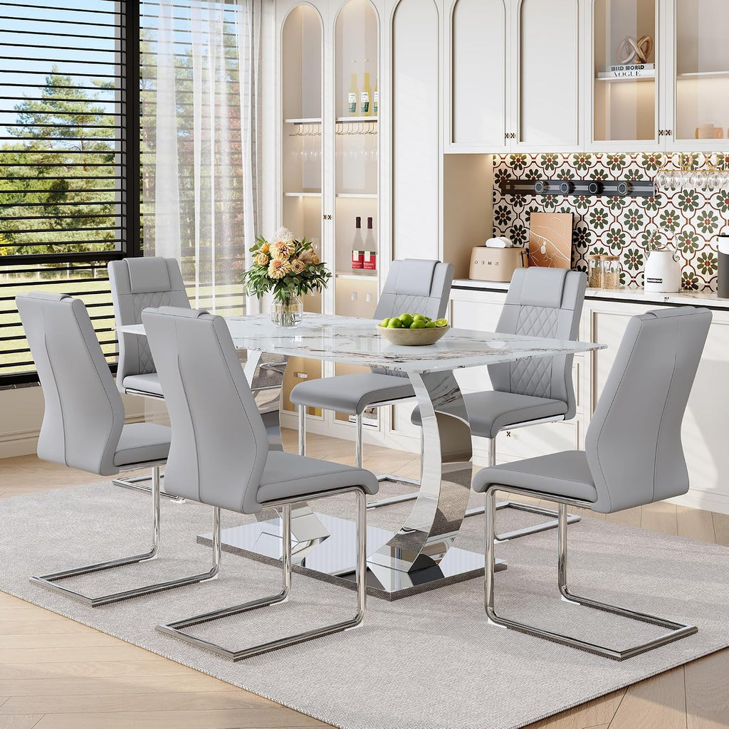 Modern Dining Table Set for 6,63'' Dining Room Table Set for 6 with Chairs,Rectangular Kitchen Table with Faux Marble Tabletop and DIY Chrome Legs,Glass Dining Table Set Ideal for Dining Room