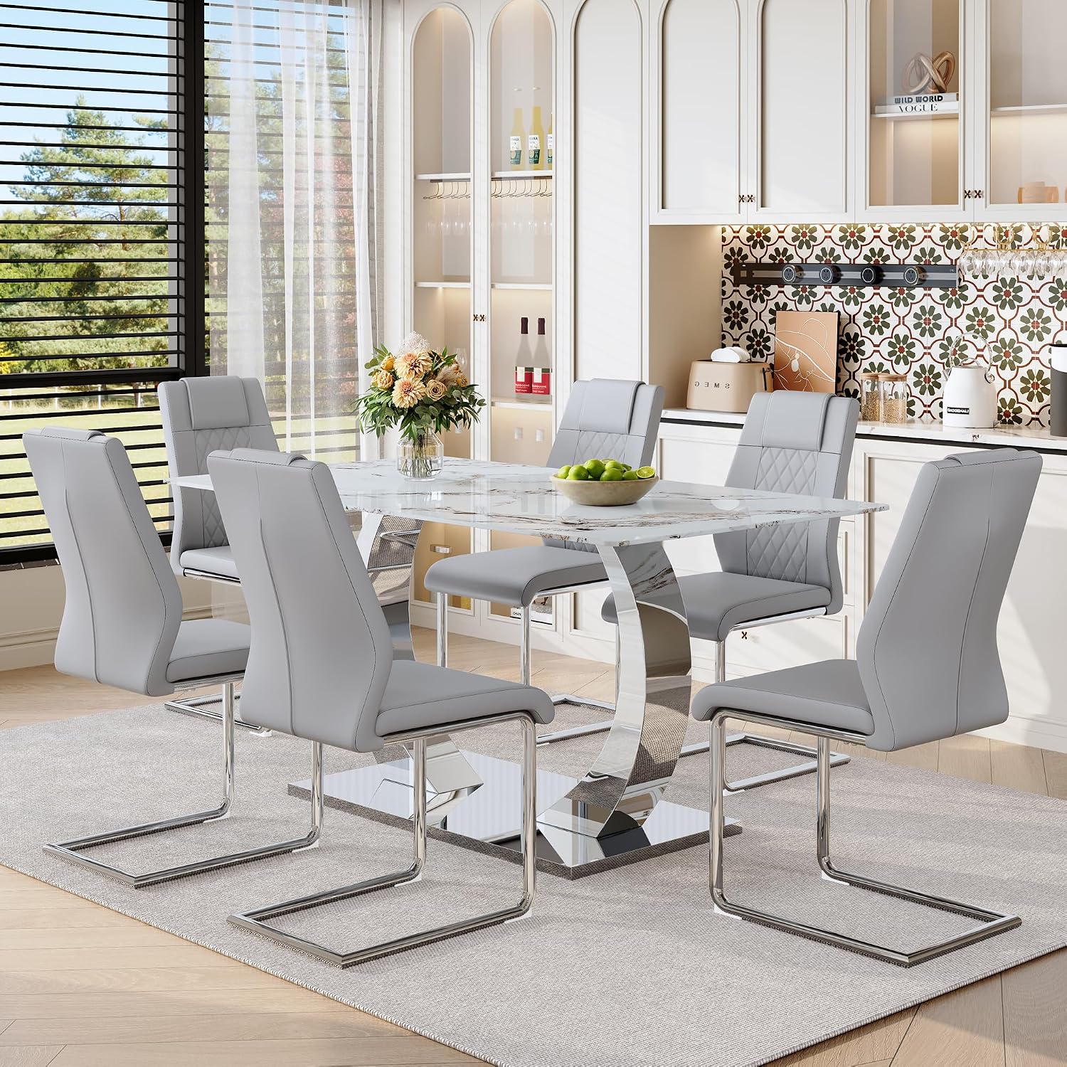 Modern Dining Table Set for 6,63'' Dining Room Table Set for 6 with Chairs,Rectangular Kitchen Table with Faux Marble Tabletop and DIY Chrome Legs,Glass Dining Table Set Ideal for Dining Room