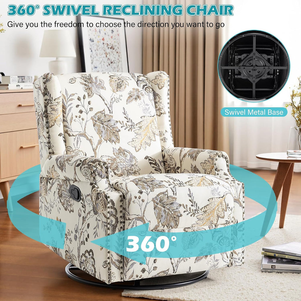 Swivel Glider Floral Recliner Chairs Set of 2, High Back Swivel Rocker Fabric Accent Chair for Living Room, Rivet Trim Upholstered Armchair Manual Sofa Seating - Beige Plants