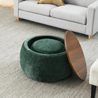 2Pcs Round Storage Ottoman, 2 in 1 Function, Work as End Table and Ottoman，Chenille Storage Ottoman with a Drum Shaped Small Stool Side Table for Living Room Bedroom Entryway Office (Green)