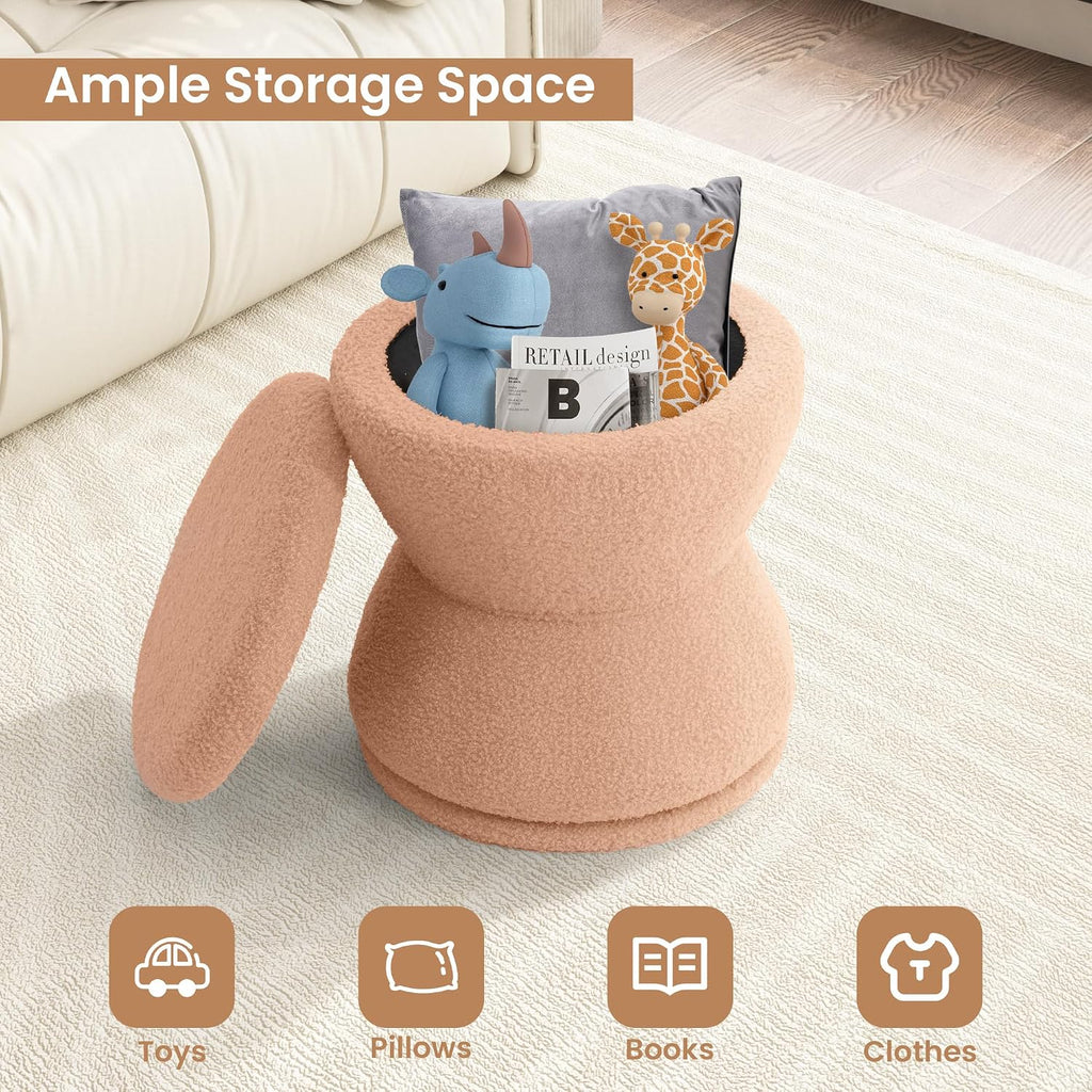 EazeHome Round Ottoman with Storage, Swivel Boucle Ottoman Vanity Stool, Upholstered Footstool with Storage Removable Lid, Modern Round Footrest Coffee Table for Living Room, Dorm, Makeup Room, Coral