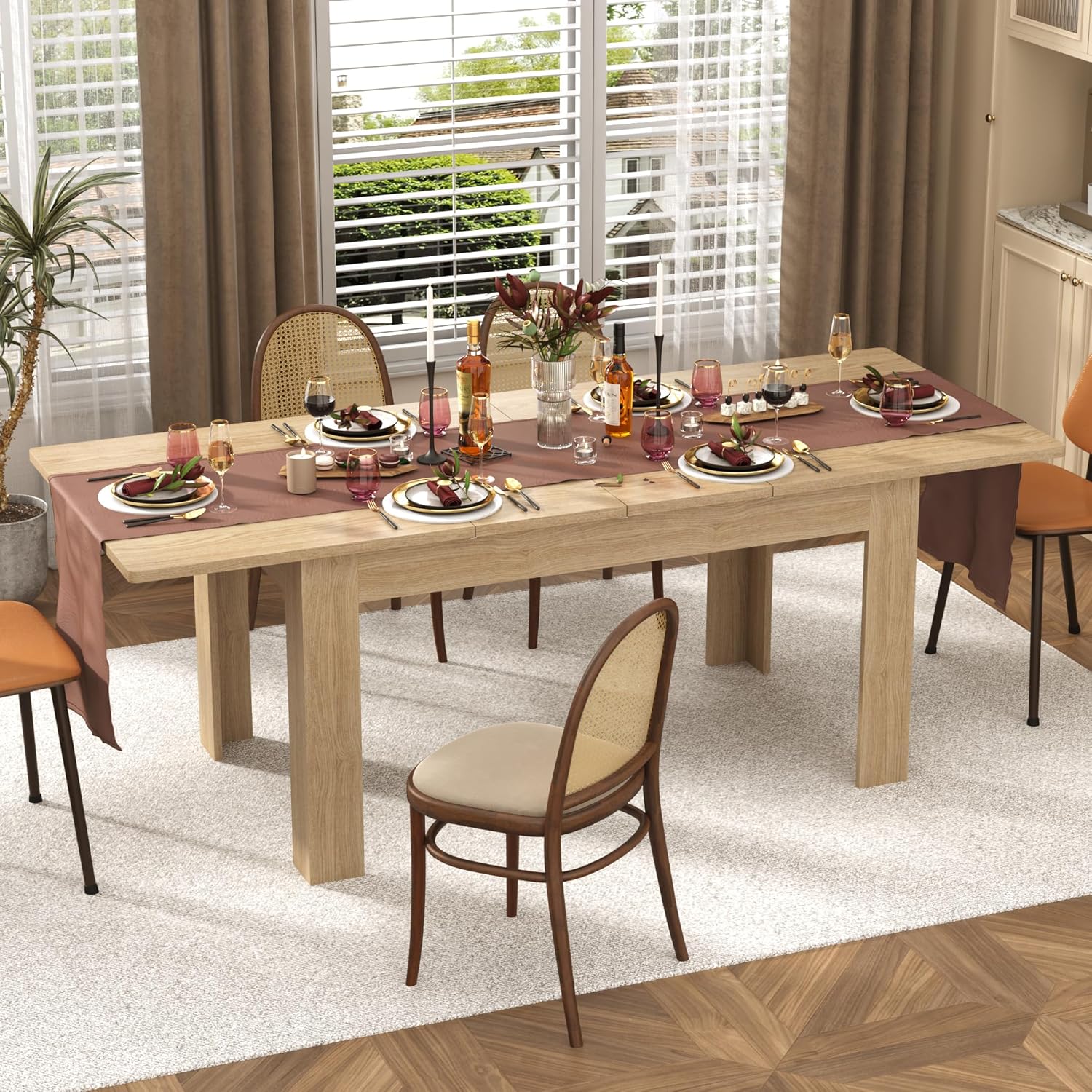 jiteentarou Extendable Dining Table for 6-10 People from 59in to 86in, 86inch Long Expandable Tables for Small Spaces, Wooden Adjustable Tables for Dining Room, Kitchen, Living Room, Oak