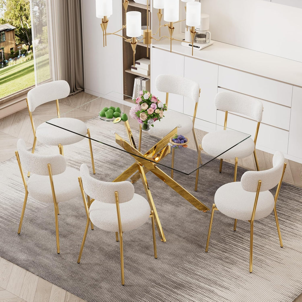 Glass Dining Table for 4-6, Contemporary Rectangular Dining Room Table with Tempered Glass Top & Gold Finish Metal Legs, Modern Elegant Dining Table for Home Kitchen