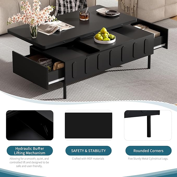 WILLIAMSPACE 43.3" Rectangular Lift-Top Coffee Table with 2 Drawers, Modern Center Table with Foldable Top, Multi-Functional Adjustable Dining Table with Storage Compartment for Living Room, Black