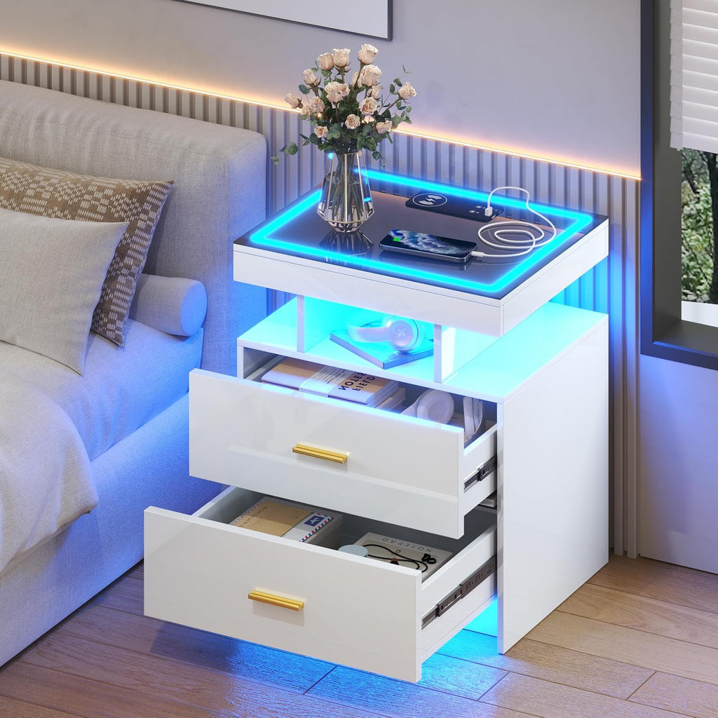 LED Nightstand Set 2 with Charging Station,Motion Senor,White | Night Stand with 2 Drawers,Glass Top Smart BedSide Table,Modern End Table Side for Bedroom,Living Room,Office