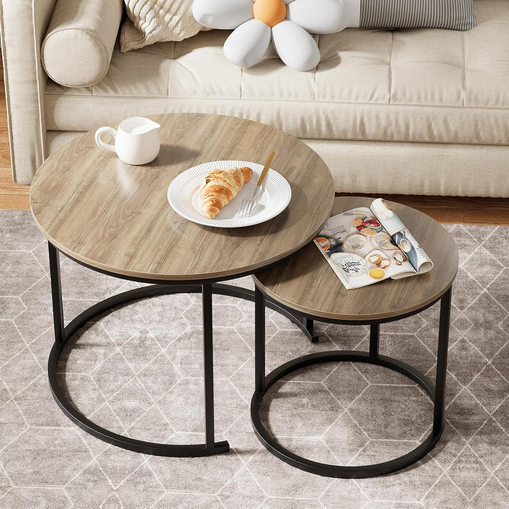 Garden 4 you Nesting Coffee Table, 23.6" Round Coffee Table Set of 2, Wooden Nesting Table Set with Metal Frame, Side Tables for Living Room Bedroom Balcony, Brown