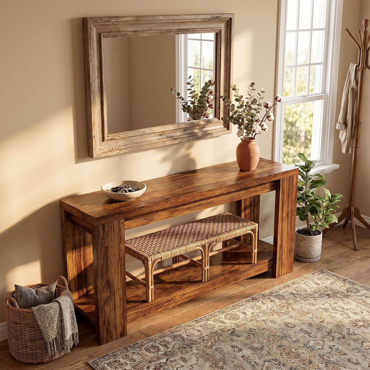 70.9" Rustic Farmhouse Console Sofa Table - Heavy Duty MDF Entryway Table with 2-Tier Storage, Narrow Long Table for Behind Couch, Brown