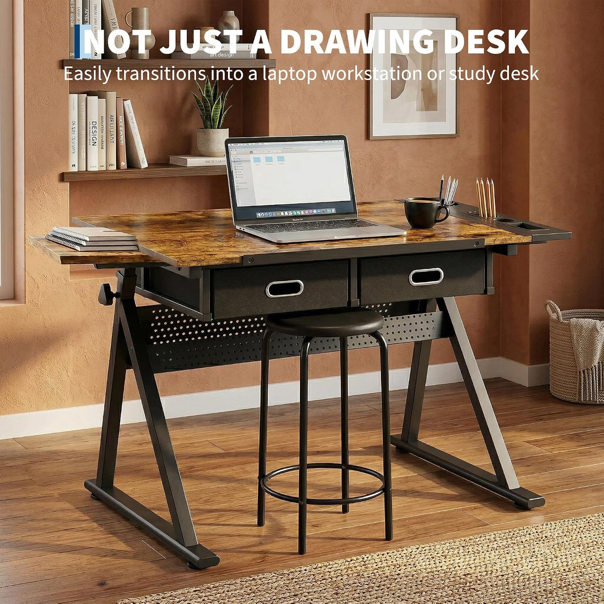 Garvee Height Adjustable Drafting Table, 0-75°Tilting Drawing Desk | Artist Table w/Stool, Multifunctional Art Craft Workstation with 2 Storage Drawers for Home Office Reading Writing Crafting