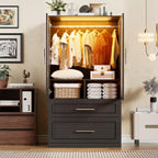 PAKASEPT Armoire Wardrobe Closet with Glass Door and Drawers, Bedroom Closet Wardrobe Cabinet with Hanging Rod, Lighted Freestanding Armoire Storage Cabinet for Bedroom Cloakroom
