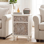 HOMPUS Night Stand Set 2, Vintage Nightstand with Storage, White Nightstand with Flower Pattern, Accent End Table, Bedside Table for Farmhouse, Bedroom, Light Grey Grain