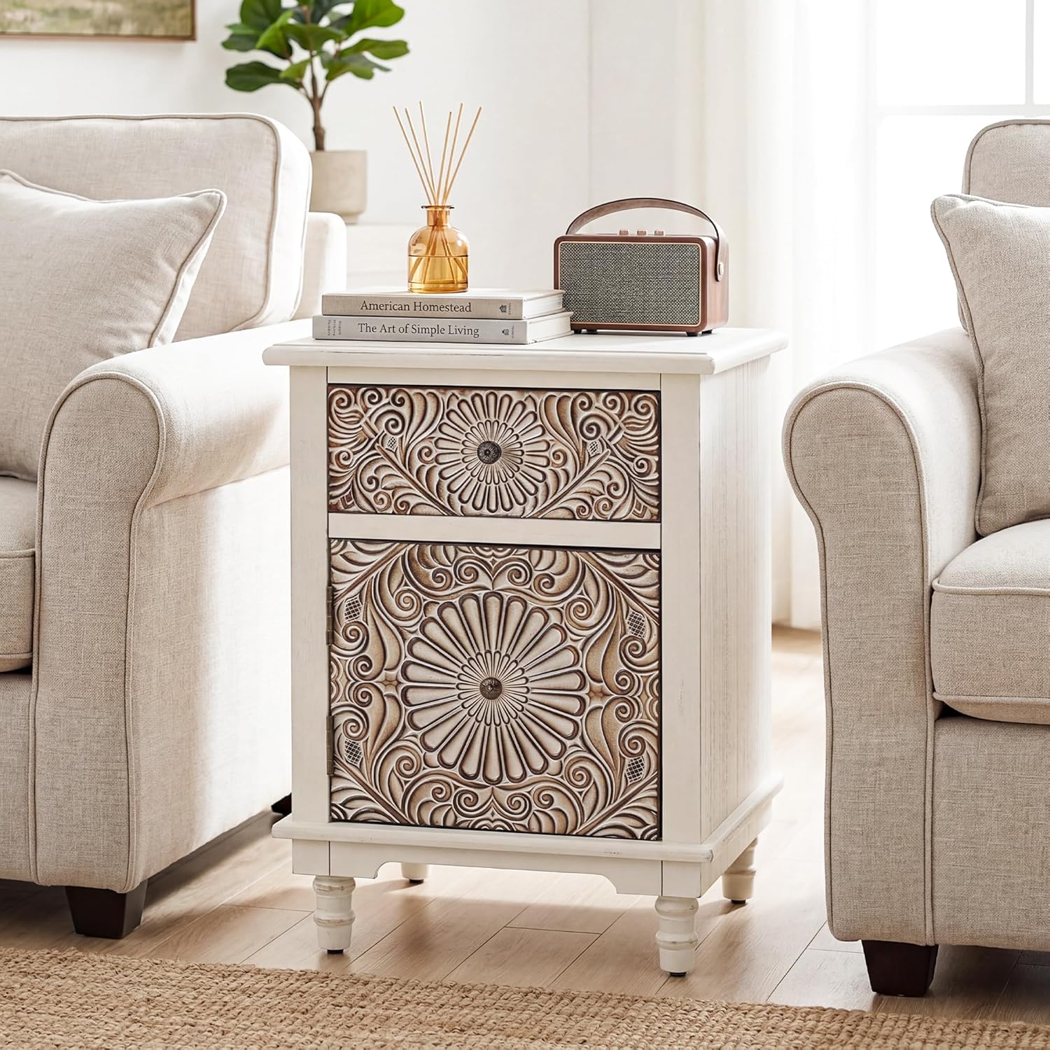 HOMPUS Night Stand Set 2, Vintage Nightstand with Storage, White Nightstand with Flower Pattern, Accent End Table, Bedside Table for Farmhouse, Bedroom, Light Grey Grain