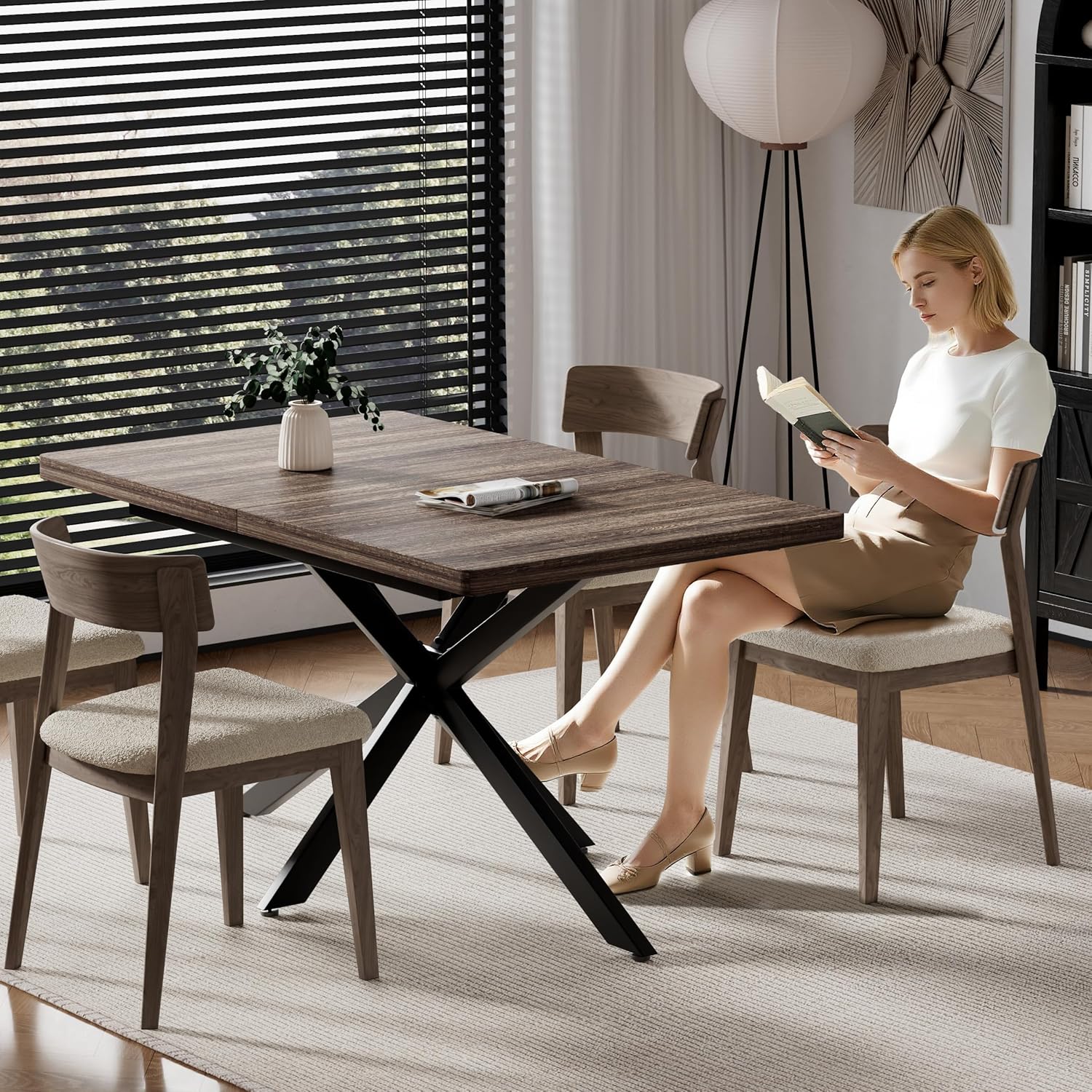 Extendable Dining Room Table for 4 6 8, 55"-70.9" Kitchen Table Rectangle Wood, Expandable Dining Table with Hidden Storage, Space Saving Farmhouse Kitchen Table for Kitchen Dining Living Room