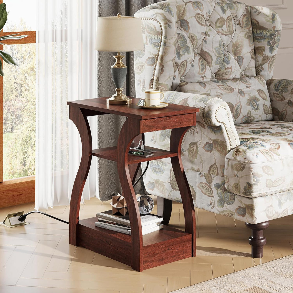 WLIVE End Tables Living Room Set of 2, Cherry Side Tables with Charging Station, Nightstand for Bedroom, 3 Tier End Table with Storage Shelf, Side Table Set of 2 for Living Room, Cherry