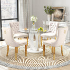RGZ Modern 39" Clear Glass Round Dining Table Set, 5 PCS Luxury Circle Glass Top Kitchen Table with Gold Decorative Strips & 4 Beige High-end Tufted Chairs for Apartment Home Dining(White Base)