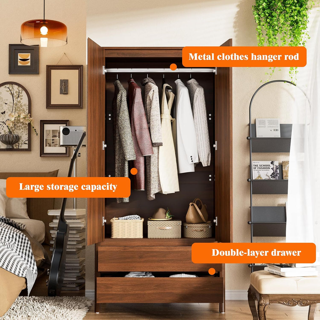 Furniway Armoire Wardrobe Closet, 70.9" Tall Wardrobe Cabinet with 2 Doors, 2 Large Drawers and Hanging Rod, Wooden Clothing Storage Cabinet for Bedroom, Cloak Room, Walnut