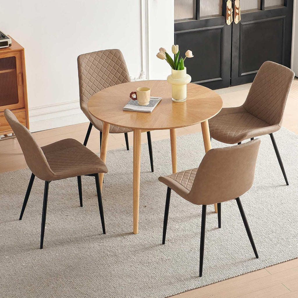Dining Chairs Set of 4, Modern Upholstered Faux Leather Dining Room Chairs with Diamond Quilted Cushion, Sturdy Metal Legs, Easy Assembly (4 Chairs, Beige)