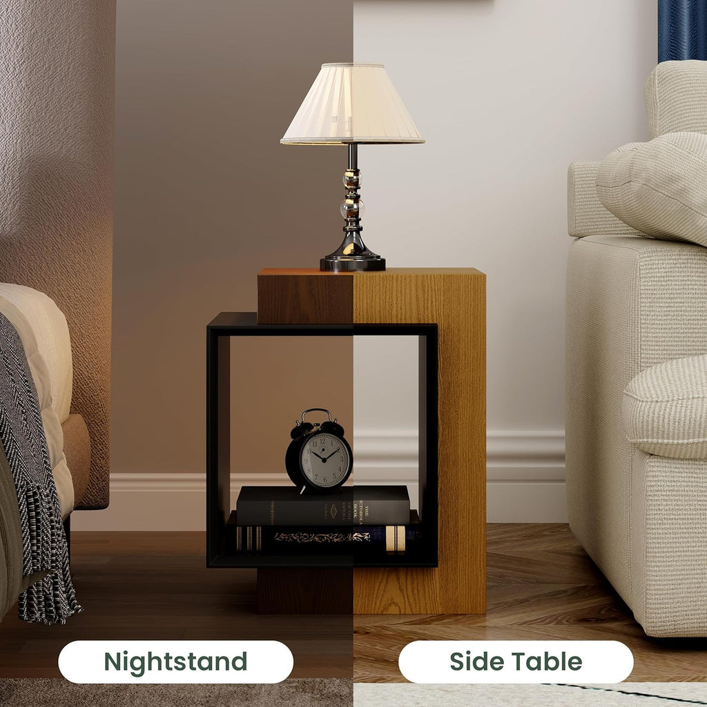 POVISON Minimalist Side Table,17.71" Wood End Table with Storage for Small Spaces,Nightstand for Living Room, Bedroom, Office,Rustic Brown and Classic Black