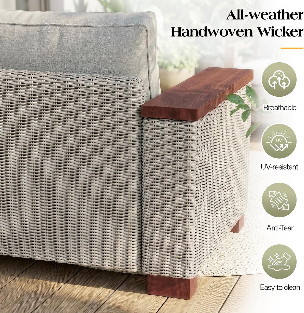 PaPaJet Outdoor Loveseat Patio Sofa, Wicker Couch with Solid Armrests & Legs, 4.7" Thick Cushion, UV-Resistant Modular Sofa for Porch, Backyard, Garden