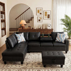 Leather L-Shaped Couch Set, 97.5"L x 69.5"W Sectional Sofas Black | Synthetic PU Leather, Stain-Resistant, 4 Seat Modular Couches with Storage Ottoman& Chaise,Apartment/Office/Living Room
