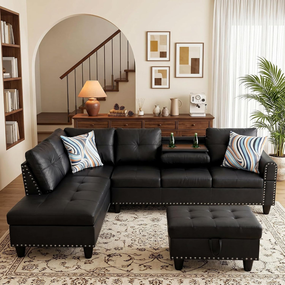 Leather L-Shaped Couch Set, 97.5"L x 69.5"W Sectional Sofas Black | Synthetic PU Leather, Stain-Resistant, 4 Seat Modular Couches with Storage Ottoman& Chaise,Apartment/Office/Living Room