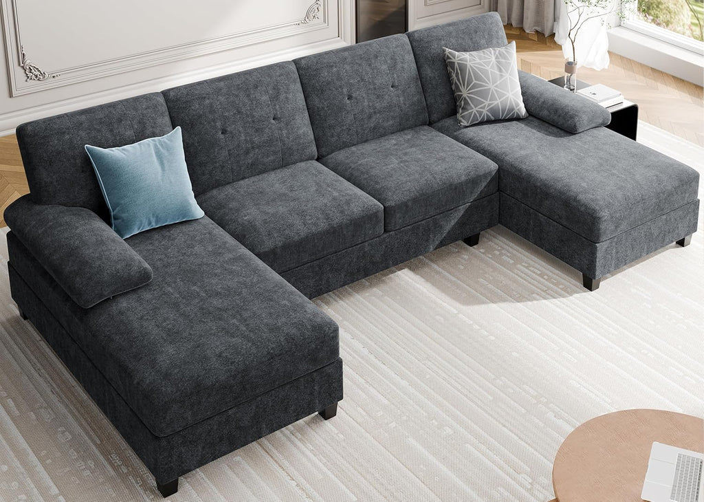 Sectional Couches for Living Room, U Shaped Couch 4 Seat Sectional Sofa with Chaise and Armrests, Comfortable Fabric Sofa for Apartment (Grey)
