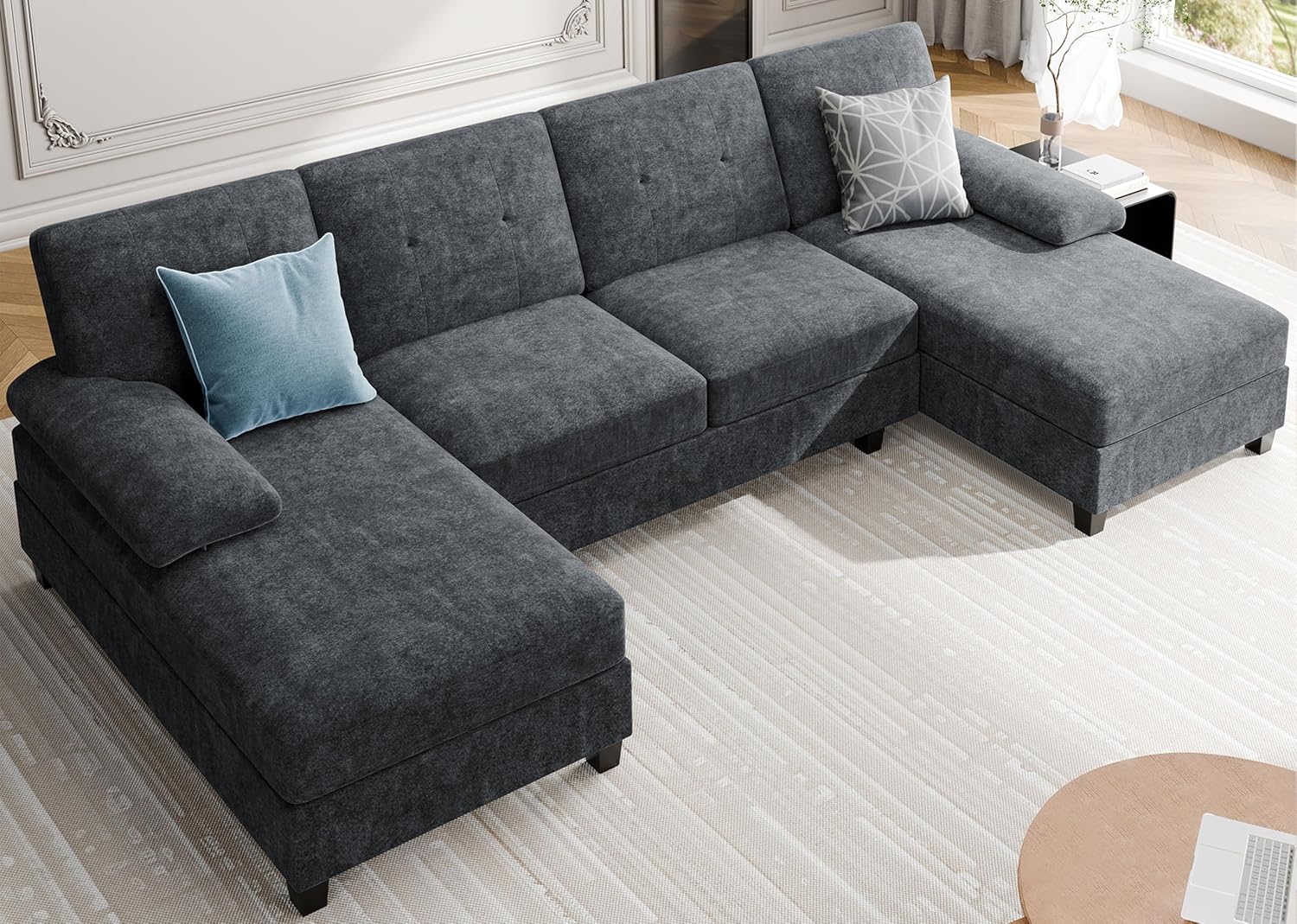 Sectional Couches for Living Room, U Shaped Couch 4 Seat Sectional Sofa with Chaise and Armrests, Comfortable Fabric Sofa for Apartment (Grey)