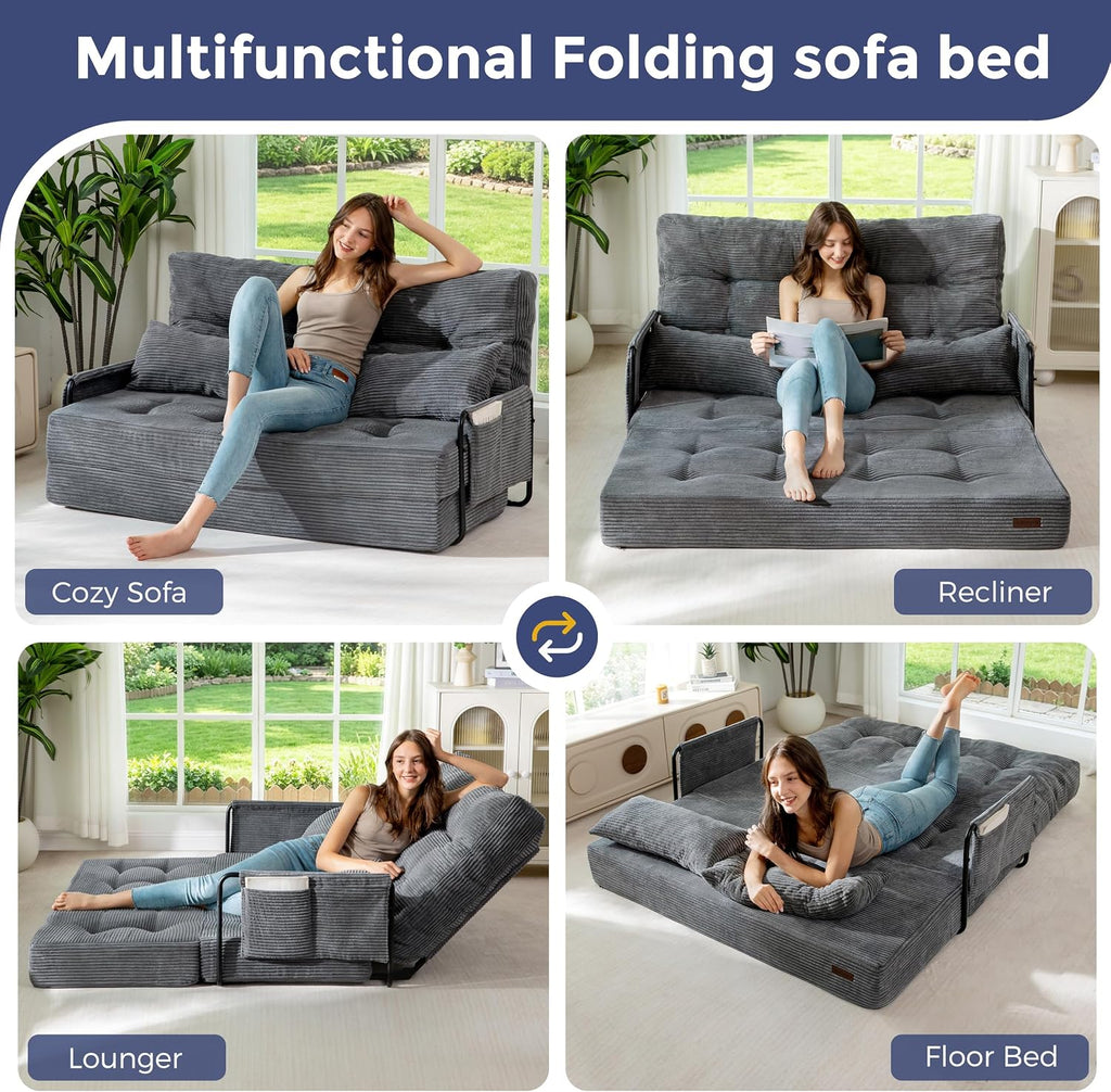 MAXYOYO Adjustable Folding Sofa Bed Couch with 2 Pillows, Dark Grey | Multi-Functional Bean Bag Bed, 5-Position Foldable Lazy Floor Sofa Bed with Armrest, Versatile Floor Seating for Reading