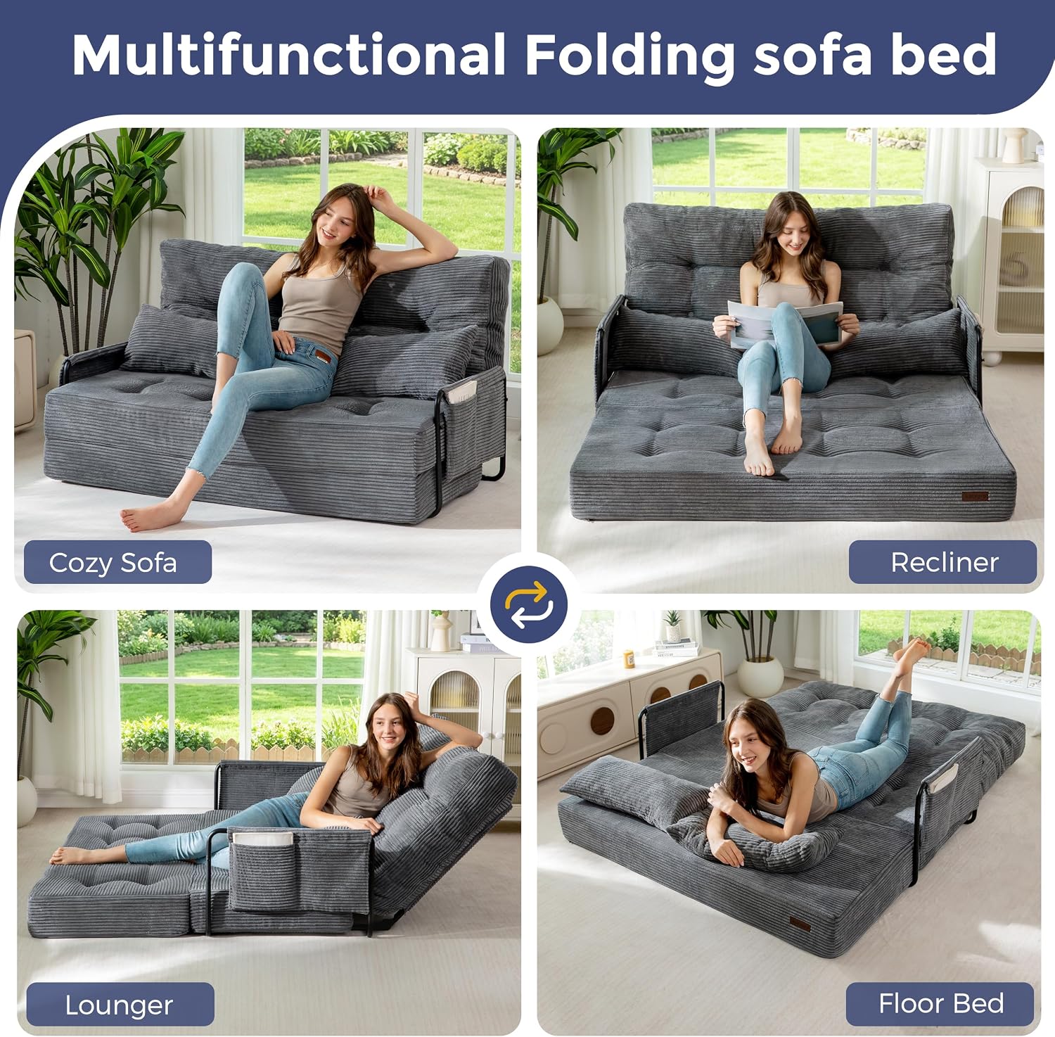 MAXYOYO Adjustable Folding Sofa Bed Couch with 2 Pillows, Dark Grey | Multi-Functional Bean Bag Bed, 5-Position Foldable Lazy Floor Sofa Bed with Armrest, Versatile Floor Seating for Reading